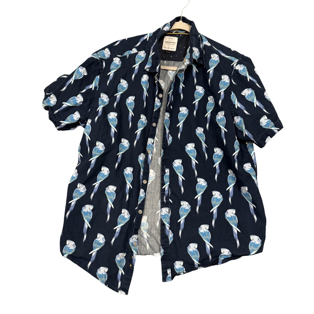 Denim & Flower Shirt Mens XL Blue Parrot Short Sleeve Button Up Ricky Singh